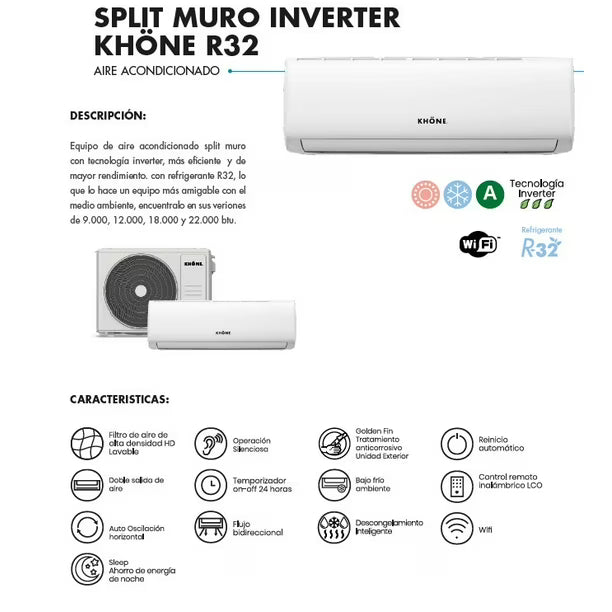 Aire Acondicionado Split Muro Inverter WIFI Khöne 18.000 BTU – R32